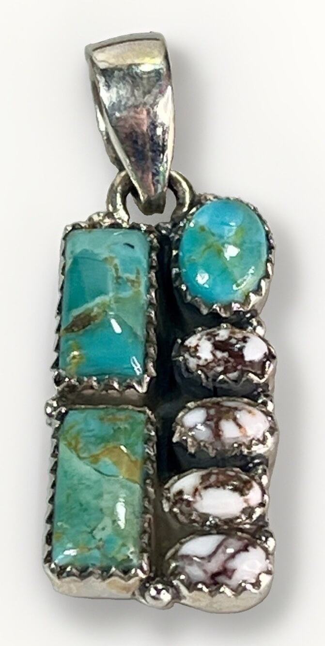 Sterling Silver WILD HORSE & TURQUOISE Multi Stone Cluster Pendant Handmade 1.5”